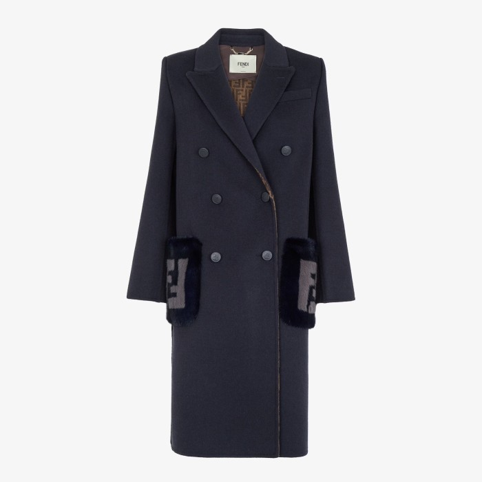 NIGO Fendi Women's Autumn And Winter Solid Color Splicing Double Breasted Medium Length Wool Long Sleeved Coat Jacket #nigo72647