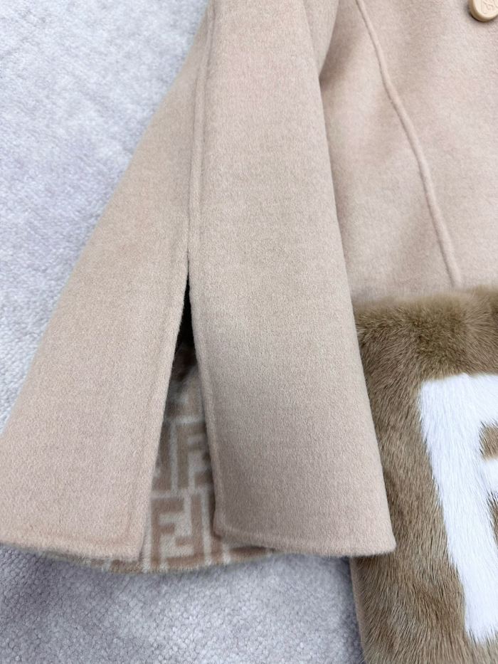 NIGO Fendi Women's Autumn And Winter Solid Color Splicing Double Breasted Medium Length Wool Long Sleeved Coat Jacket #nigo72647