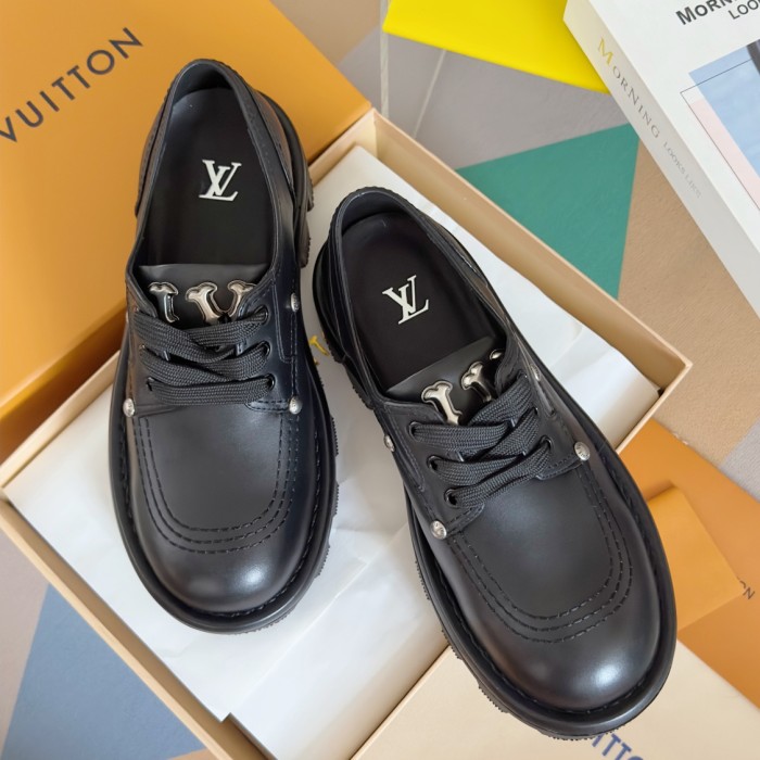 NIGO Louis Vuitton Men's Spring and Fall Black Embellished Decoration Round Toe Leather Thick Bottom Lace Up Loafers Shoes #nigo72651