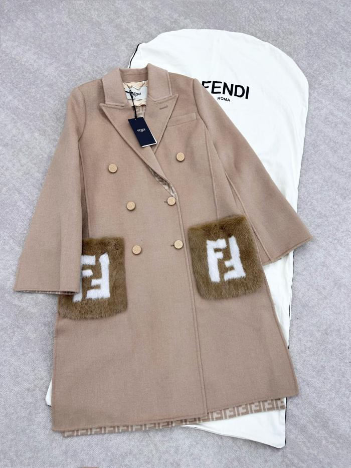 NIGO Fendi Women's Autumn And Winter Solid Color Splicing Double Breasted Medium Length Wool Long Sleeved Coat Jacket #nigo72647