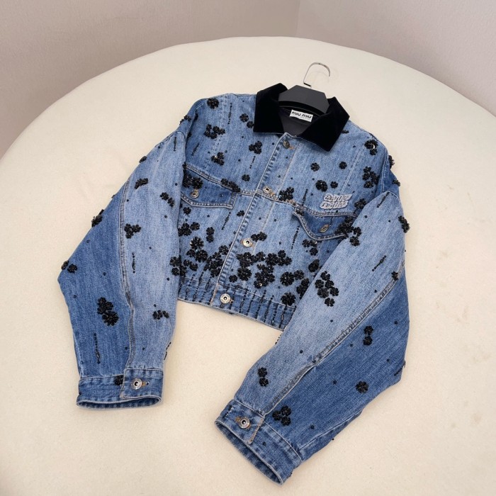 NIGO MiuMiu Women's Spring And Fall Logo Embroidery Single Breasted Lapel Short Casual Denim Jacket #nigo72664