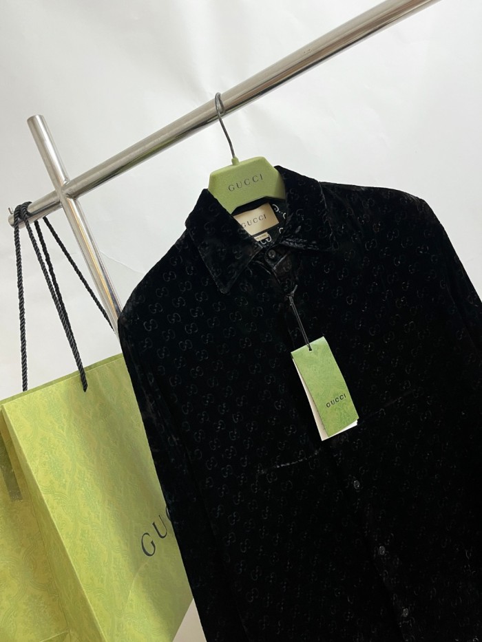 NIGO Gucci Men's Spring And Fall Black Logo Pattern Printed Velvet Single breasted Long Sleeved Shirt #nigo72673