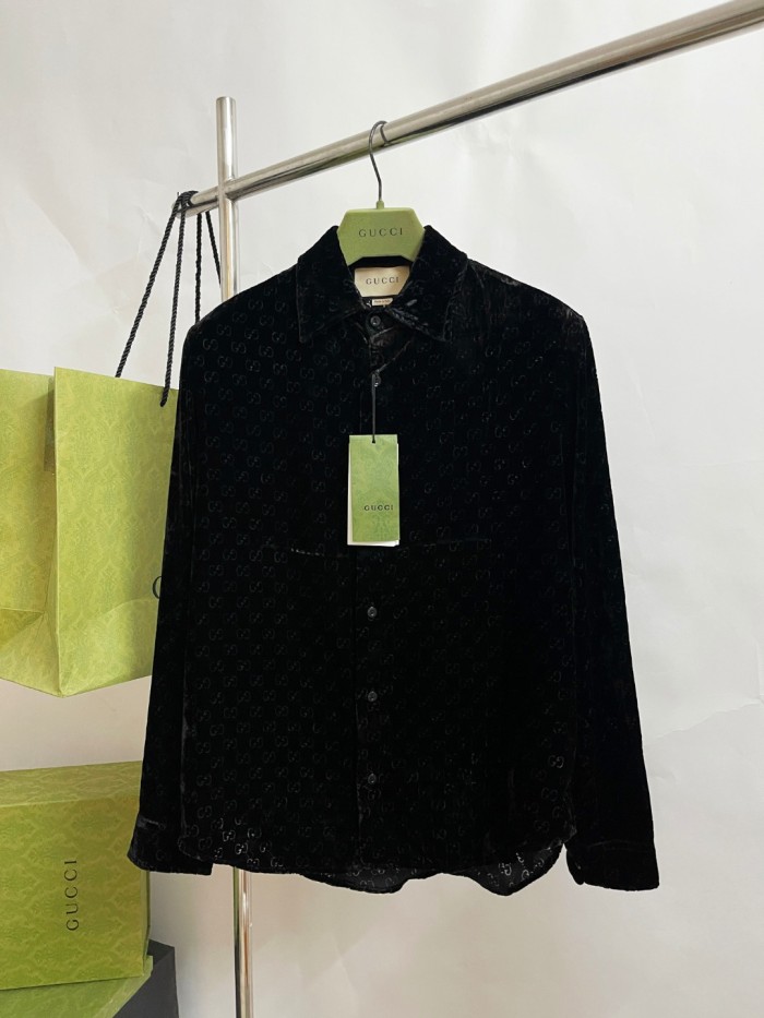 NIGO Gucci Men's Spring And Fall Black Logo Pattern Printed Velvet Single breasted Long Sleeved Shirt #nigo72673