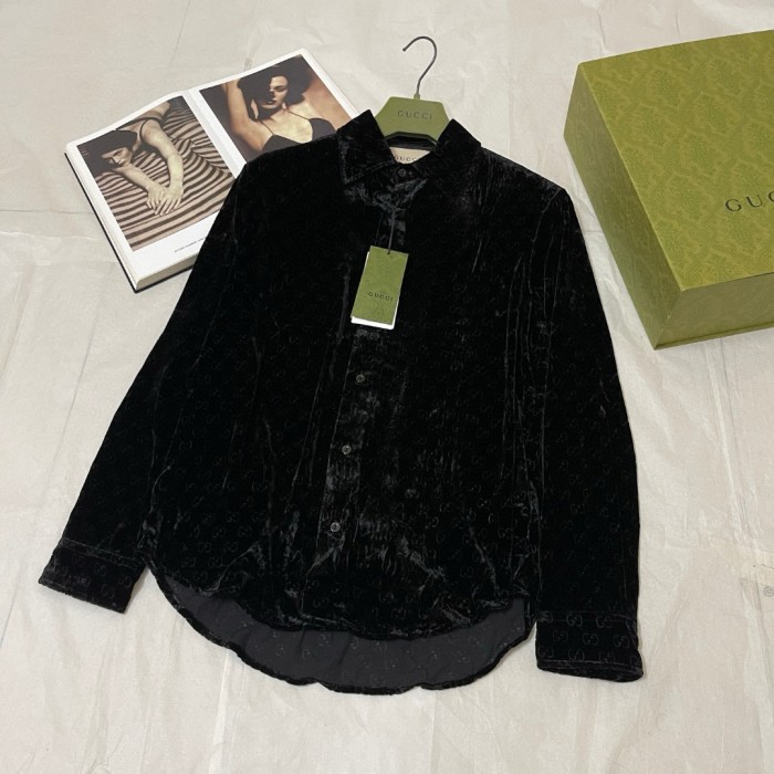 NIGO Gucci Men's Spring And Fall Black Logo Pattern Printed Velvet Single breasted Long Sleeved Shirt #nigo72673