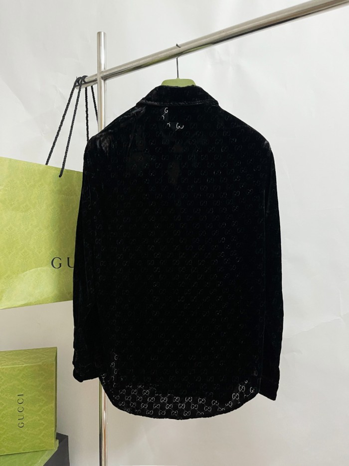 NIGO Gucci Men's Spring And Fall Black Logo Pattern Printed Velvet Single breasted Long Sleeved Shirt #nigo72673