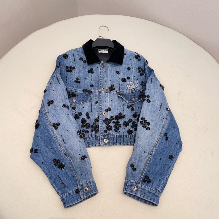 NIGO MiuMiu Women's Spring And Fall Logo Embroidery Single Breasted Lapel Short Casual Denim Jacket #nigo72664