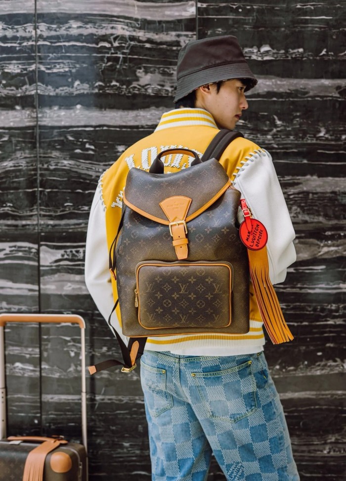 NIGO Louis Vuitton MONTSOURIS Men's Brown Alphabet Printed Magnetic Buckle Drawstring Closure Leather Backpack Shoulder Bag Bags #nigo72681