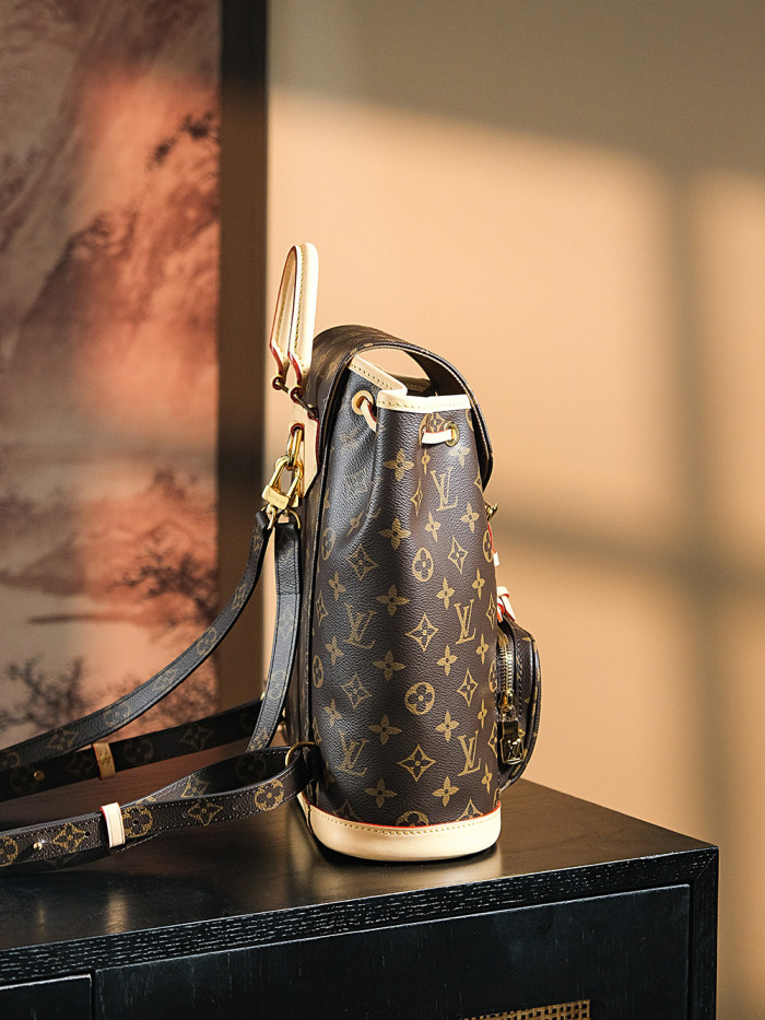 NIGO Louis Vuitton Women's Brown Letter Printed Full Printed Magnetic Buckle Drawstring Closure Coated Canvas Leather Shoulder Bag Backpack Bags #nigo72699