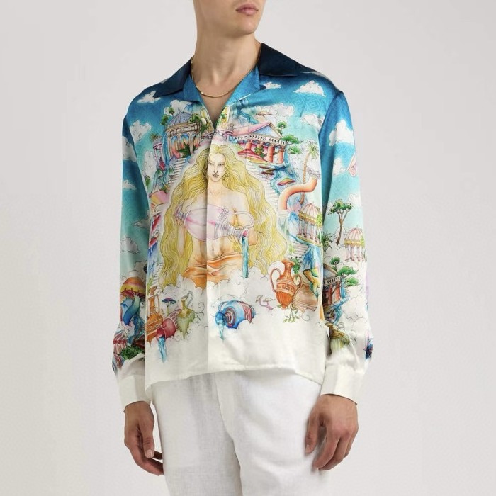 NIGO Casablanca Men's Spring And Autumn Patterned Printed Single Breasted Fitted Silk Long Sleeve Shirt #nigo71397