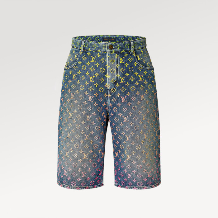 NIGO Louis Vuitton Rainbow Monogram Embroidered Short Sleeve Denim Shirt Straight Shorts Fashion Casual Suit Set #nigo71411