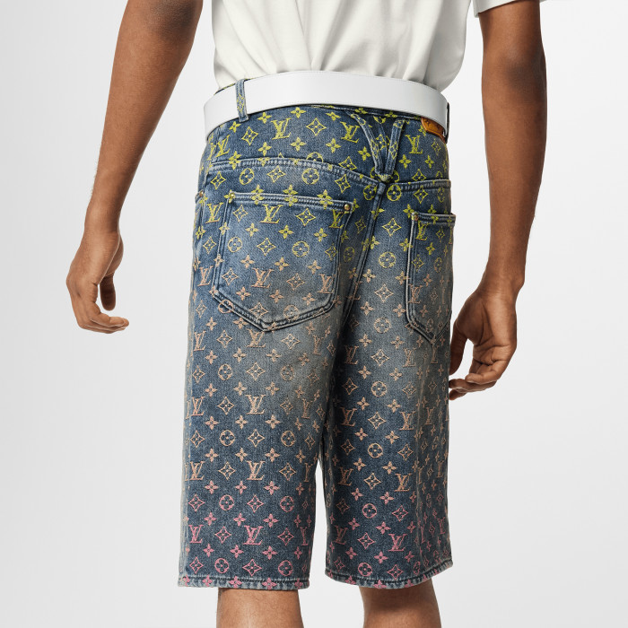 NIGO Louis Vuitton Rainbow Monogram Embroidered Short Sleeve Denim Shirt Straight Shorts Fashion Casual Suit Set #nigo71411