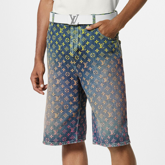 NIGO Louis Vuitton Rainbow Monogram Embroidered Short Sleeve Denim Shirt Straight Shorts Fashion Casual Suit Set #nigo71411