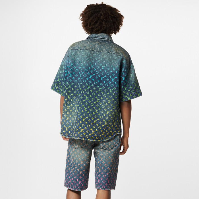 NIGO Louis Vuitton Rainbow Monogram Embroidered Short Sleeve Denim Shirt Straight Shorts Fashion Casual Suit Set #nigo71411