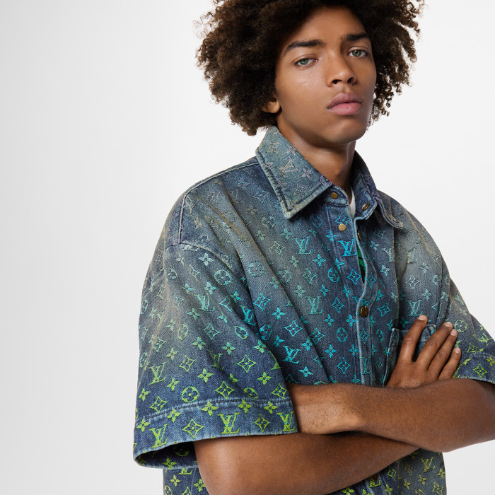 NIGO Louis Vuitton Rainbow Monogram Embroidered Short Sleeve Denim Shirt Straight Shorts Fashion Casual Suit Set #nigo71411