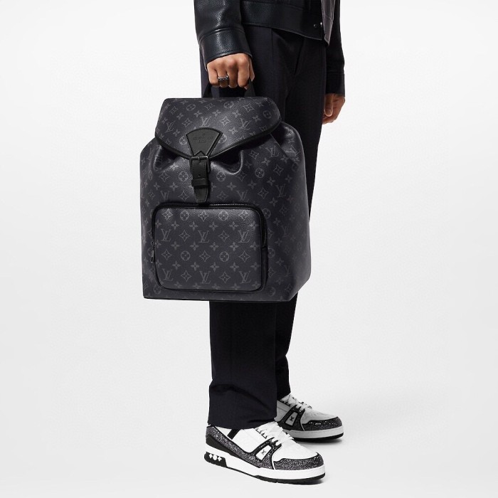 NIGO Louis Vuitton Men's Black Throughout Old Flower Full Print Drawstring Magnetic Closure Coated Canvas with Leather Shoulder Backpack Bag Bags #nigo72733