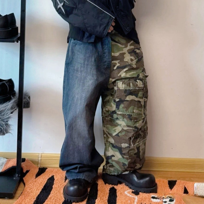 NIGO Balenciaga Men's Four Seasons Vintage Washed Camouflage Splicing Frayed Jeans Fashion High Street Straight Wide Leg Work Pants Ngvp #nigo9121