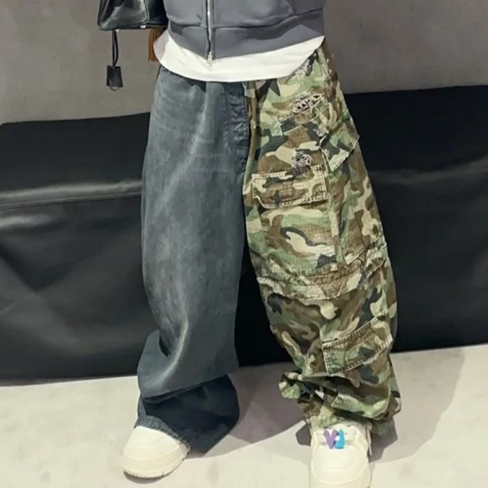 NIGO Balenciaga Men's Four Seasons Vintage Washed Camouflage Splicing Frayed Jeans Fashion High Street Straight Wide Leg Work Pants Ngvp #nigo9121