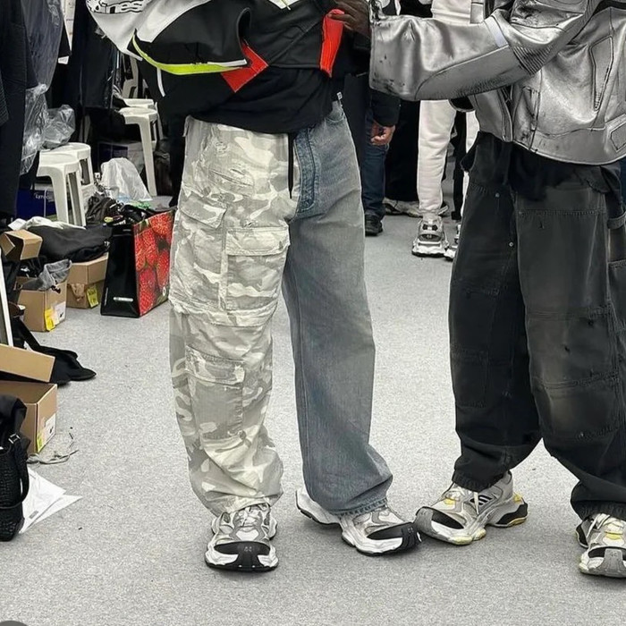 NIGO Balenciaga Men's Four Seasons Vintage Washed Camouflage Splicing Frayed Jeans Fashion High Street Straight Wide Leg Work Pants Ngvp #nigo9121