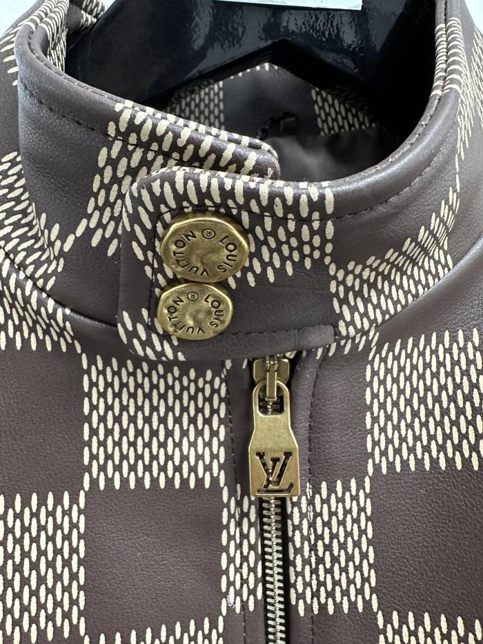 NIGO Louis Vuitton Men's Fall And Winter Brown Checkerboard Pattern Collar Zipper Cowhide Long Sleeved Jacket #nigo72772