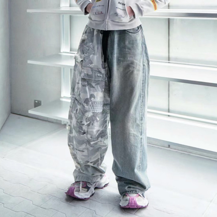 NIGO Balenciaga Men's Four Seasons Vintage Washed Camouflage Splicing Frayed Jeans Fashion High Street Straight Wide Leg Work Pants Ngvp #nigo9121