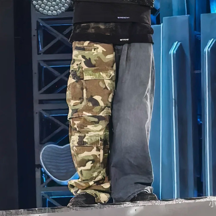 NIGO Balenciaga Men's Four Seasons Vintage Washed Camouflage Splicing Frayed Jeans Fashion High Street Straight Wide Leg Work Pants Ngvp #nigo9121