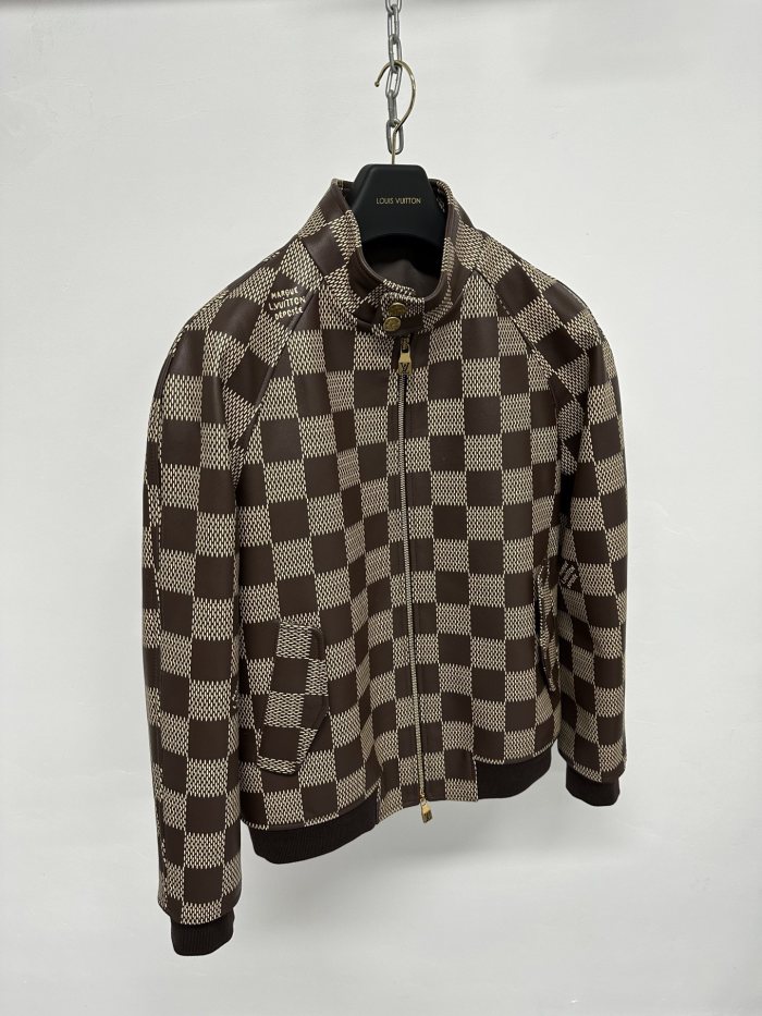 NIGO Louis Vuitton Men's Fall And Winter Brown Checkerboard Pattern Collar Zipper Cowhide Long Sleeved Jacket #nigo72772
