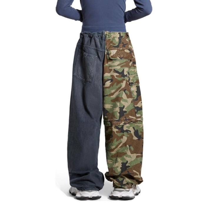 NIGO Balenciaga Men's Four Seasons Vintage Washed Camouflage Splicing Frayed Jeans Fashion High Street Straight Wide Leg Work Pants Ngvp #nigo9121