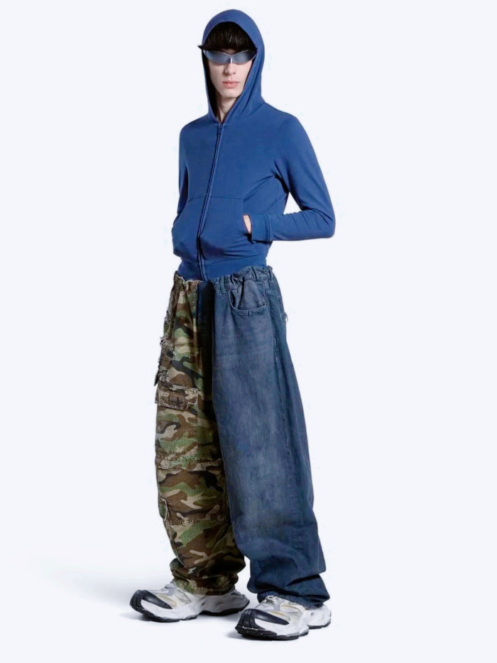 NIGO Balenciaga Men's Four Seasons Vintage Washed Camouflage Splicing Frayed Jeans Fashion High Street Straight Wide Leg Work Pants Ngvp #nigo9121