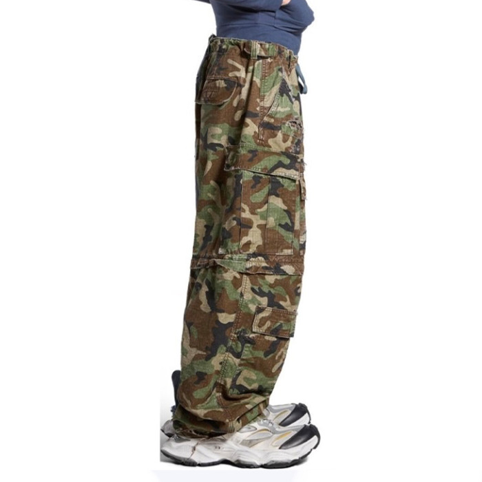 NIGO Balenciaga Men's Four Seasons Vintage Washed Camouflage Splicing Frayed Jeans Fashion High Street Straight Wide Leg Work Pants Ngvp #nigo9121