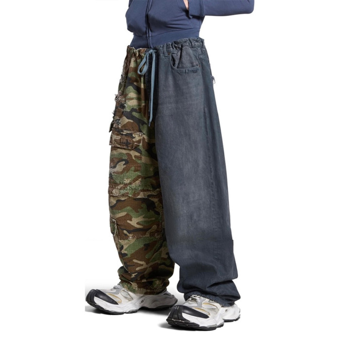NIGO Balenciaga Men's Four Seasons Vintage Washed Camouflage Splicing Frayed Jeans Fashion High Street Straight Wide Leg Work Pants Ngvp #nigo9121