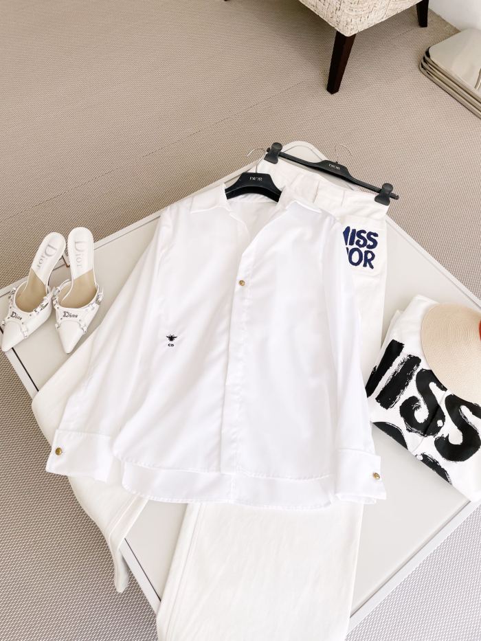 NIGO Dior Women's Spring and Autumn Solid Color Logo Embroidery White Lapel Long Sleeve Shirt #nigo72764