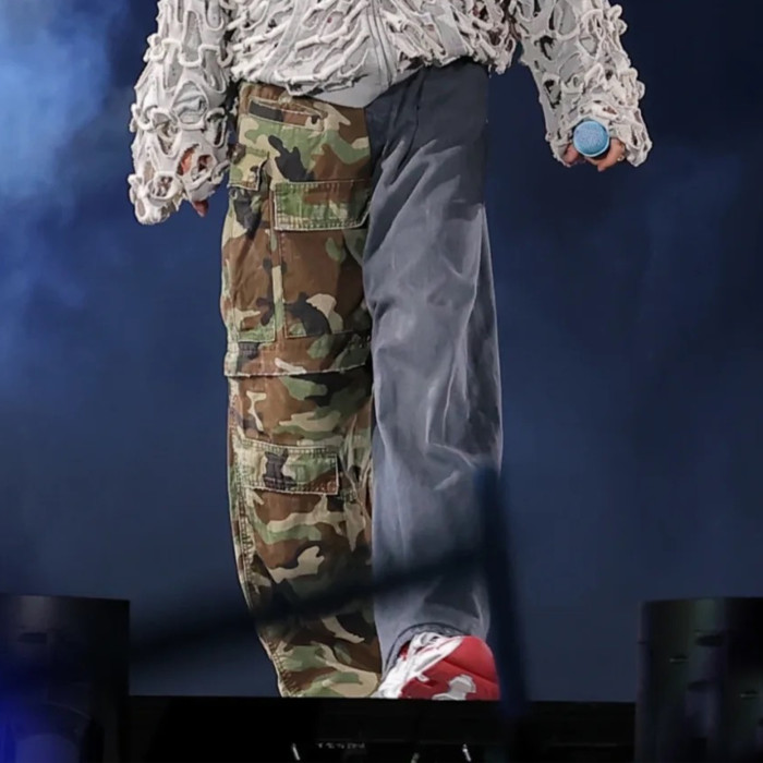 NIGO Balenciaga Men's Four Seasons Vintage Washed Camouflage Splicing Frayed Jeans Fashion High Street Straight Wide Leg Work Pants Ngvp #nigo9121