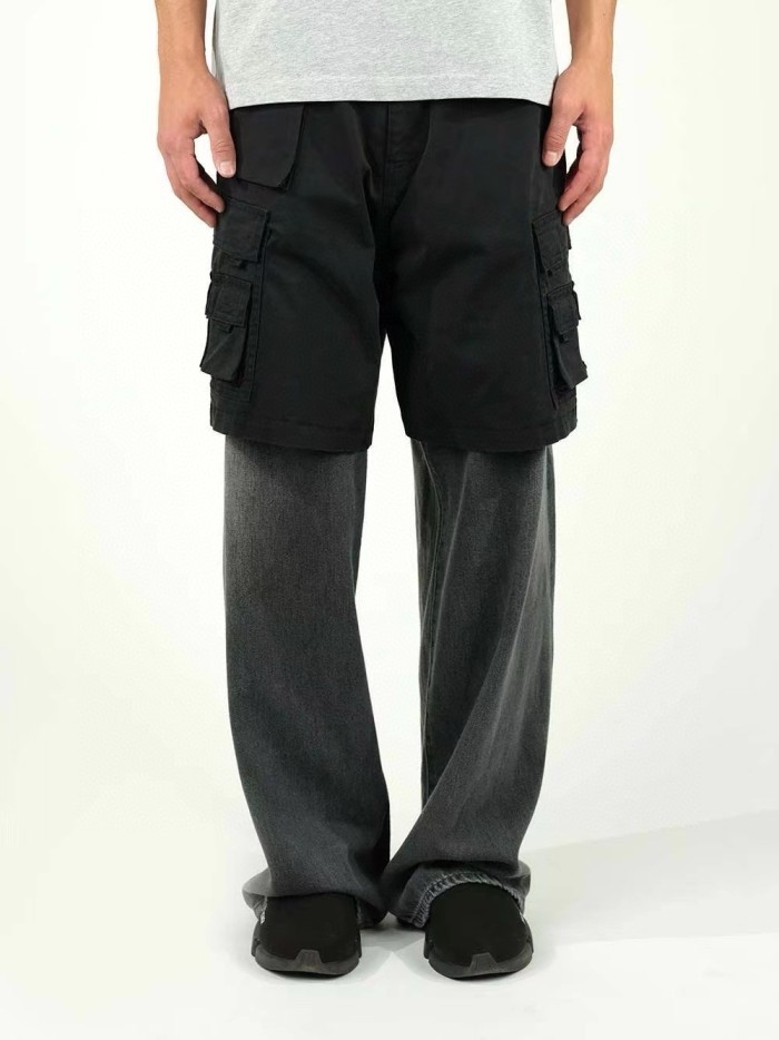 NIGO Balenciaga Men's Spring And Autumn Black Multi-Pocket Cotton Loose Work Pants Casual Spliced Denim Pants Ngvp #nigo9165