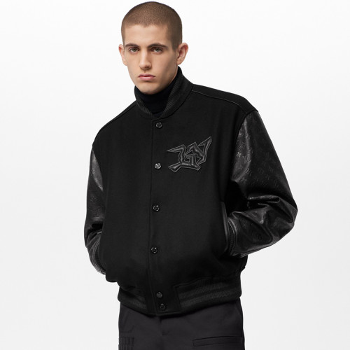 NIGO Louis Vuitton Men's Fall/winter Monogram Embossed Leather Drawstring Jacket Black Abstract Graffiti Logo Jacket Baseball Jersey  #nigo71424