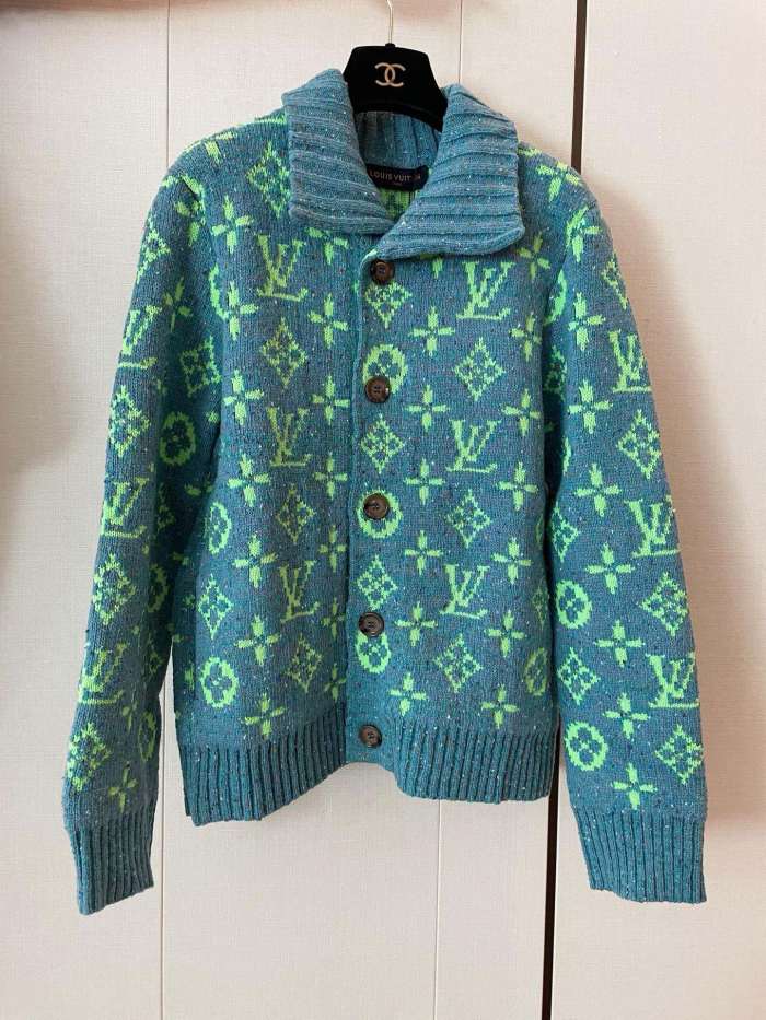 NIGO Louis Vuitton Men's Fall/Winter Green Monogrammed Pattern Knit Single Breasted Sweater Jacket #nigo72785