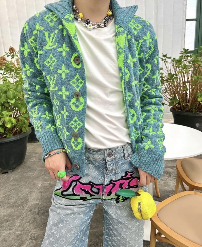 NIGO Louis Vuitton Men's Fall/Winter Green Monogrammed Pattern Knit Single Breasted Sweater Jacket #nigo72785