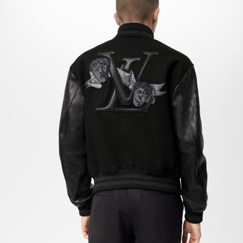 NIGO Louis Vuitton Men's Fall/winter Monogram Embossed Leather Drawstring Jacket Black Abstract Graffiti Logo Jacket Baseball Jersey  #nigo71424