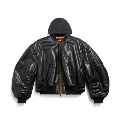 NIGO Balenciaga Men's Fall/Winter Black Letter Print Hooded Drop Shoulder Long Sleeve Zipper Leather Jacket #nigo72777