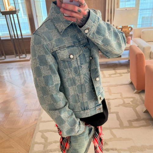 NIGO Louis Vuitton Men's Fall And Winter Mto Embellished Damier Denim Jacket Checkerboard Checkered Jacket With Diamonds Fashionable Versatile Jacket Ngvp #nigo9126