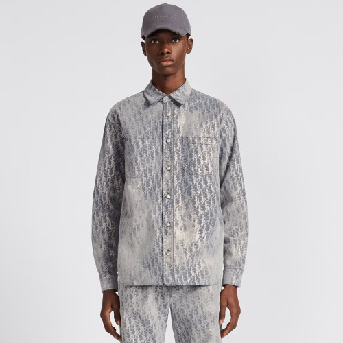 NIGO Dior Men's Autumn And Winter Grey Logo Full Print Old Single-Breasted Long-Sleeved Shirt #nigo72813