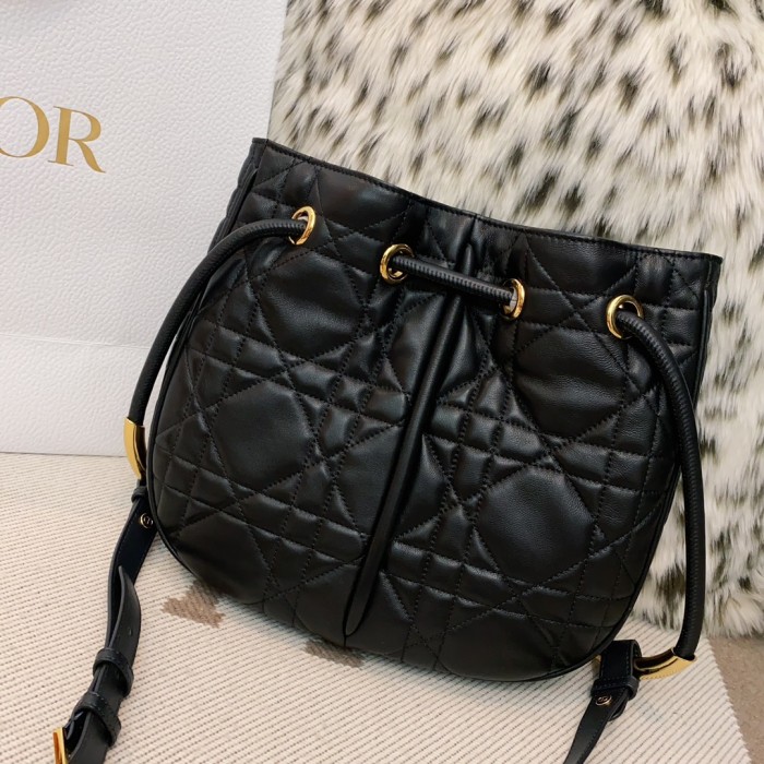 NIGO Dior Nolita Women's Black Adjustable Removable Shoulder Strap Magnetic Drawstring Closure Lambskin Shoulder Crossbody Handbag Bag Bags #nigo72827