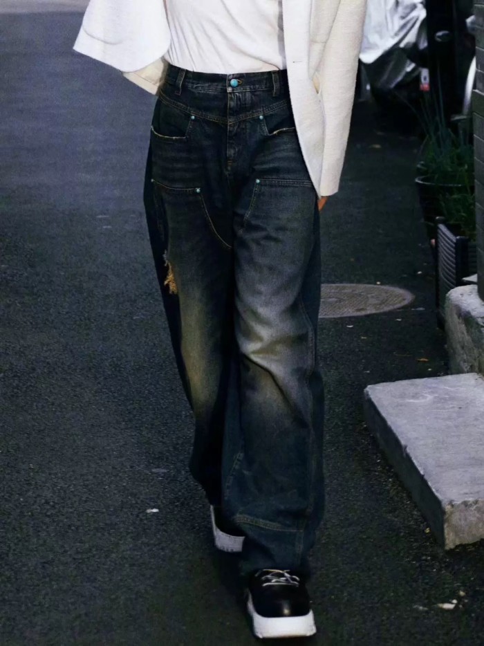 NIGO Louis Vuitton Men's Four Seasons Fashion Hole Retro High Street Old Washed Jeans Straight Wide Leg Pants  Ngvp #nigo9131
