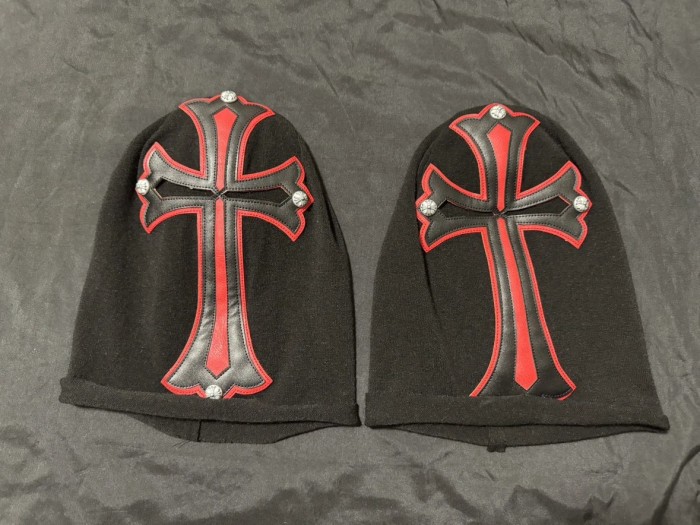 NIGO Chrome Hearts Men's Black and Red Cross Patchwork Leatherface Photo Hooded Hat Cap #nigo72853