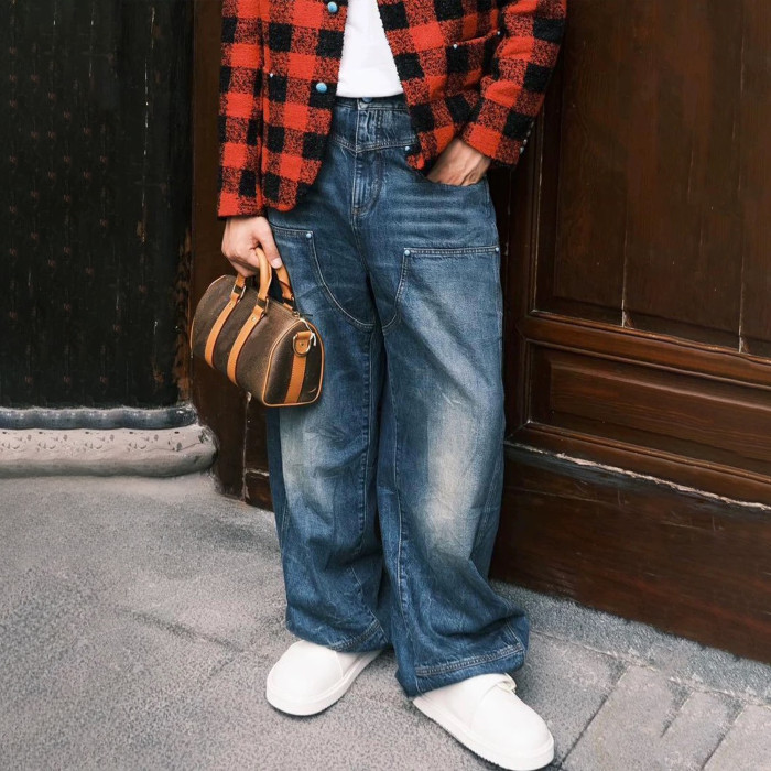 NIGO Louis Vuitton Men's Four Seasons Fashion Hole Retro High Street Old Washed Jeans Straight Wide Leg Pants  Ngvp #nigo9131