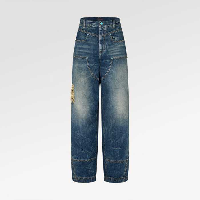 NIGO Louis Vuitton Men's Four Seasons Fashion Hole Retro High Street Old Washed Jeans Straight Wide Leg Pants  Ngvp #nigo9131