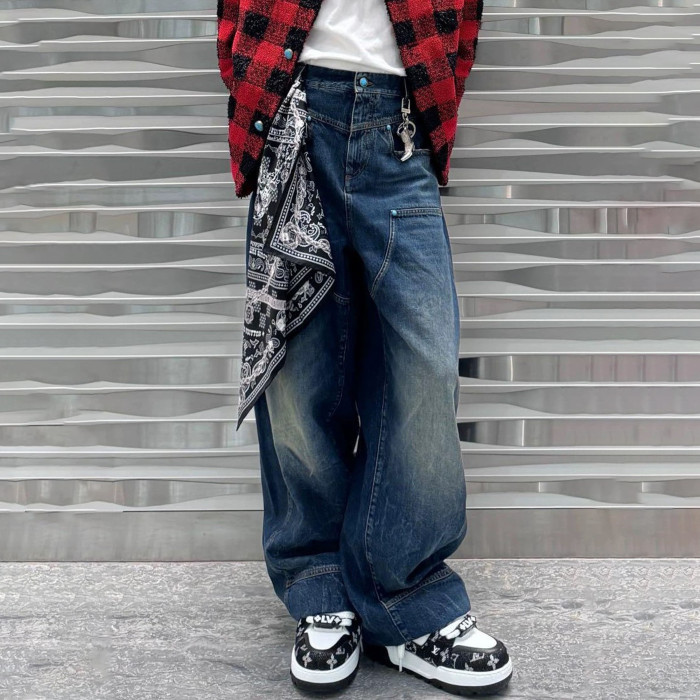 NIGO Louis Vuitton Men's Four Seasons Fashion Hole Retro High Street Old Washed Jeans Straight Wide Leg Pants  Ngvp #nigo9131