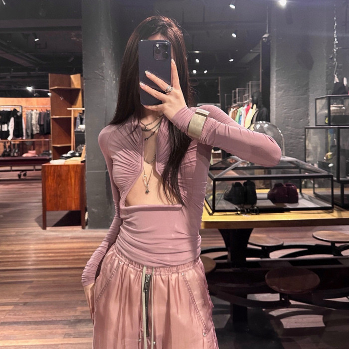 NIGO Rick Owens Women's Spring And Autumn Solid Color Hollow Structure Top Long Sleeve Sexy Fashion Versatile Tops Ngvp #nigo9132