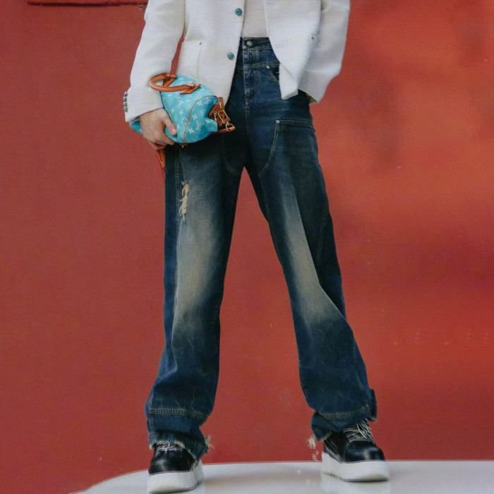 NIGO Louis Vuitton Men's Four Seasons Fashion Hole Retro High Street Old Washed Jeans Straight Wide Leg Pants  Ngvp #nigo9131