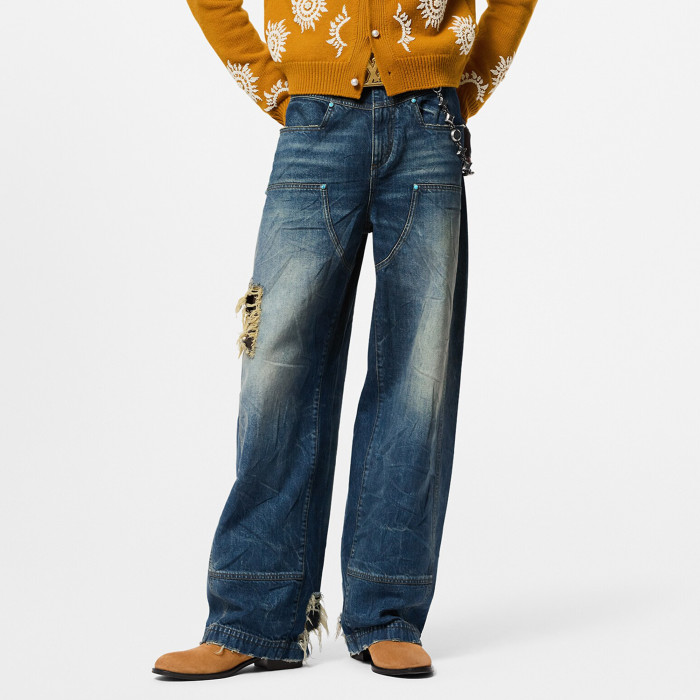 NIGO Louis Vuitton Men's Four Seasons Fashion Hole Retro High Street Old Washed Jeans Straight Wide Leg Pants  Ngvp #nigo9131