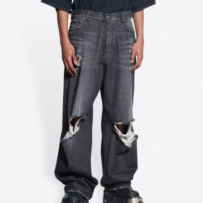 NIGO Balenciaga Men's Four Seasons Solid Color Cotton Vintage Destroyed Loose Denim Pants #nigo71442